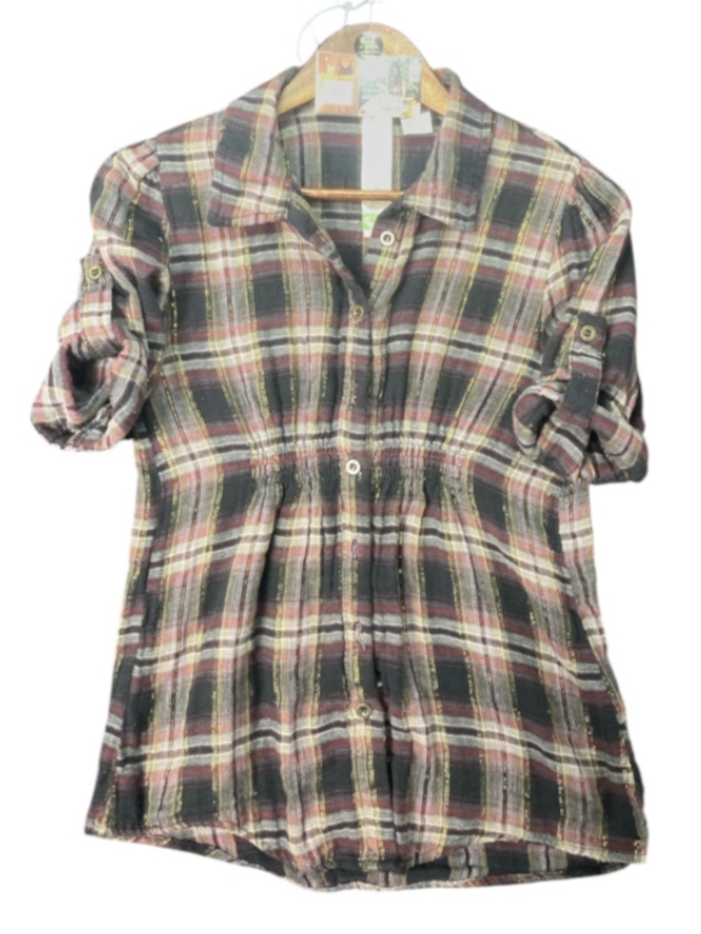 Fresh Brewed Plaid Button-Down Shirt in Black and Pink size S